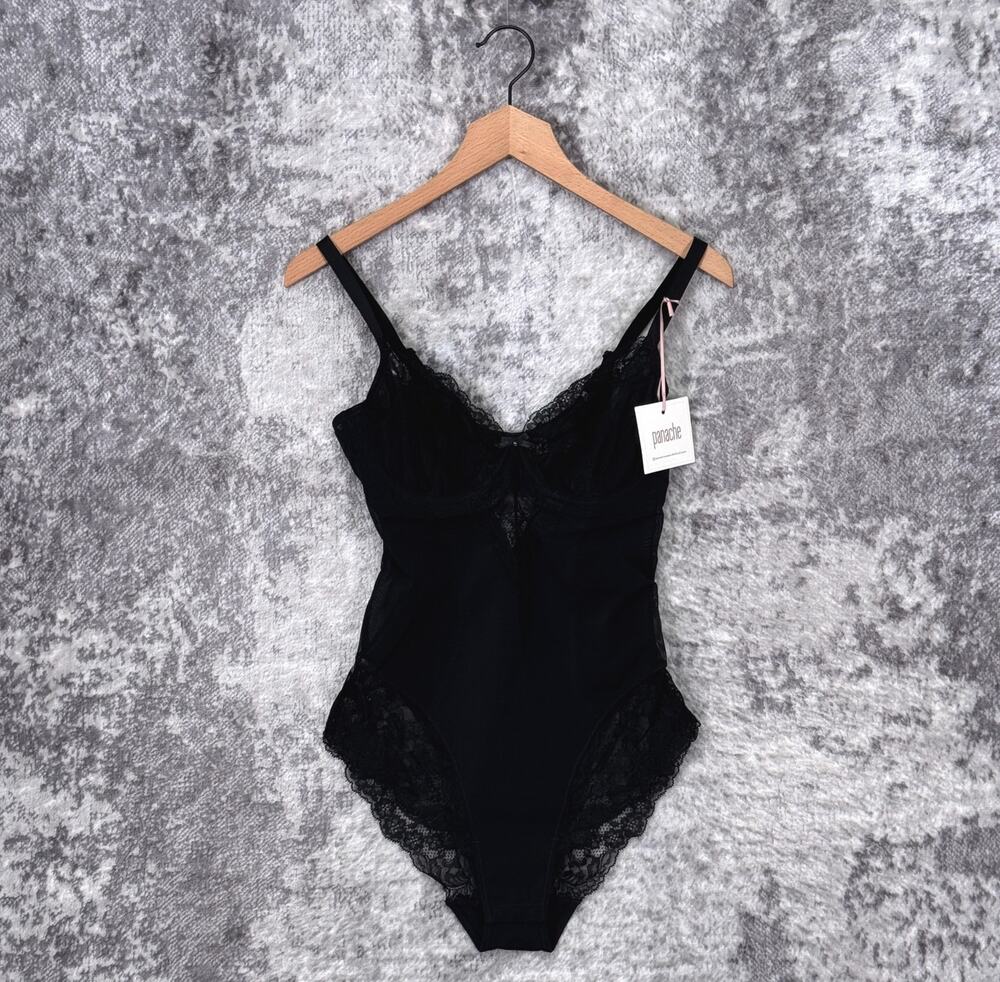New Panache Ana Bodysuit 34DD Womens Black Lace Trim Lingerie